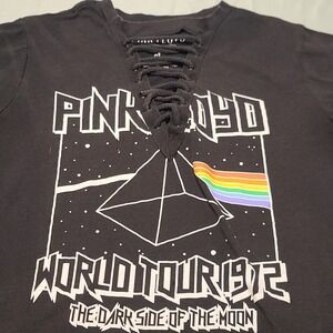 Pink Floyd Graphic T-Shirt Women Medium Black Lace-Up Dark Side of the Moon 1972